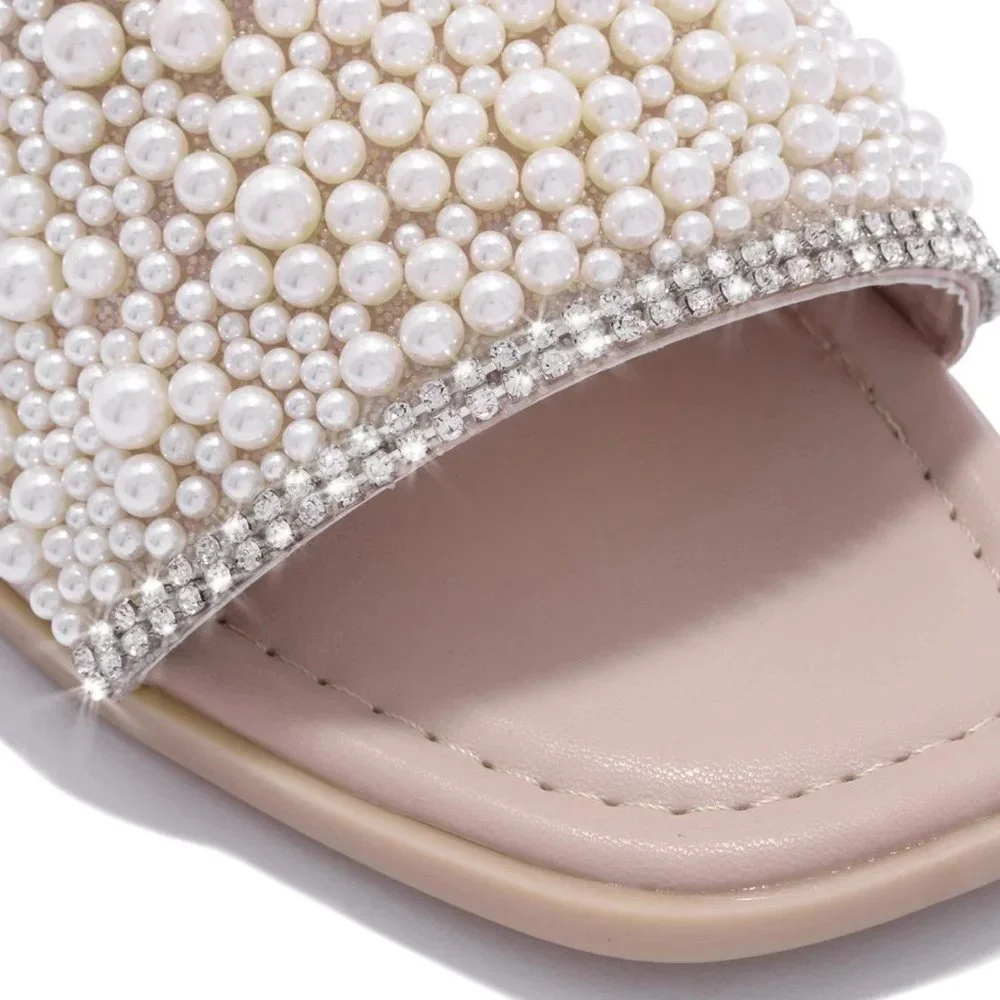 NEWπ₯ Jeweled Pearl Bling Rhinestone Open Toe Slide Sandal Flat Flip Flops - Picture 6 of 6